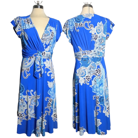 Evan Picone Blue Print Flare Dress Size 10 - Picture 3 of 16